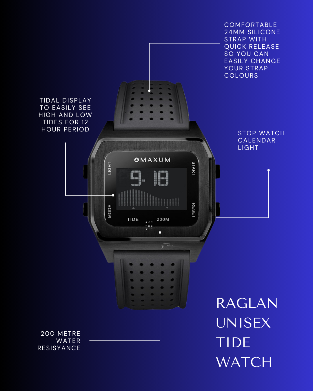 Raglan Digital Square Unisex Tide Watch – Black Case, Black Dial & Black Silicone Strap