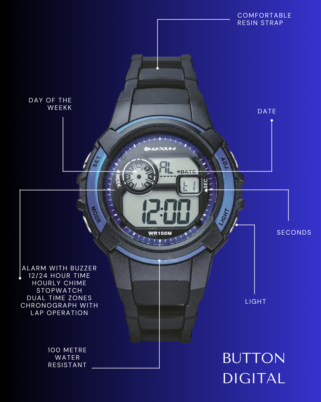 Button Black and Sapphire Blue Digital Watch