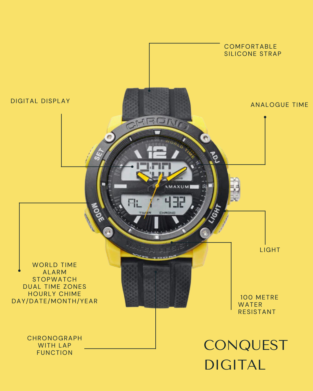 Maxum Conquest Analogue Digital Watch Black & Yellow with a silicone band and a digital display with text feature call outs on yellow background