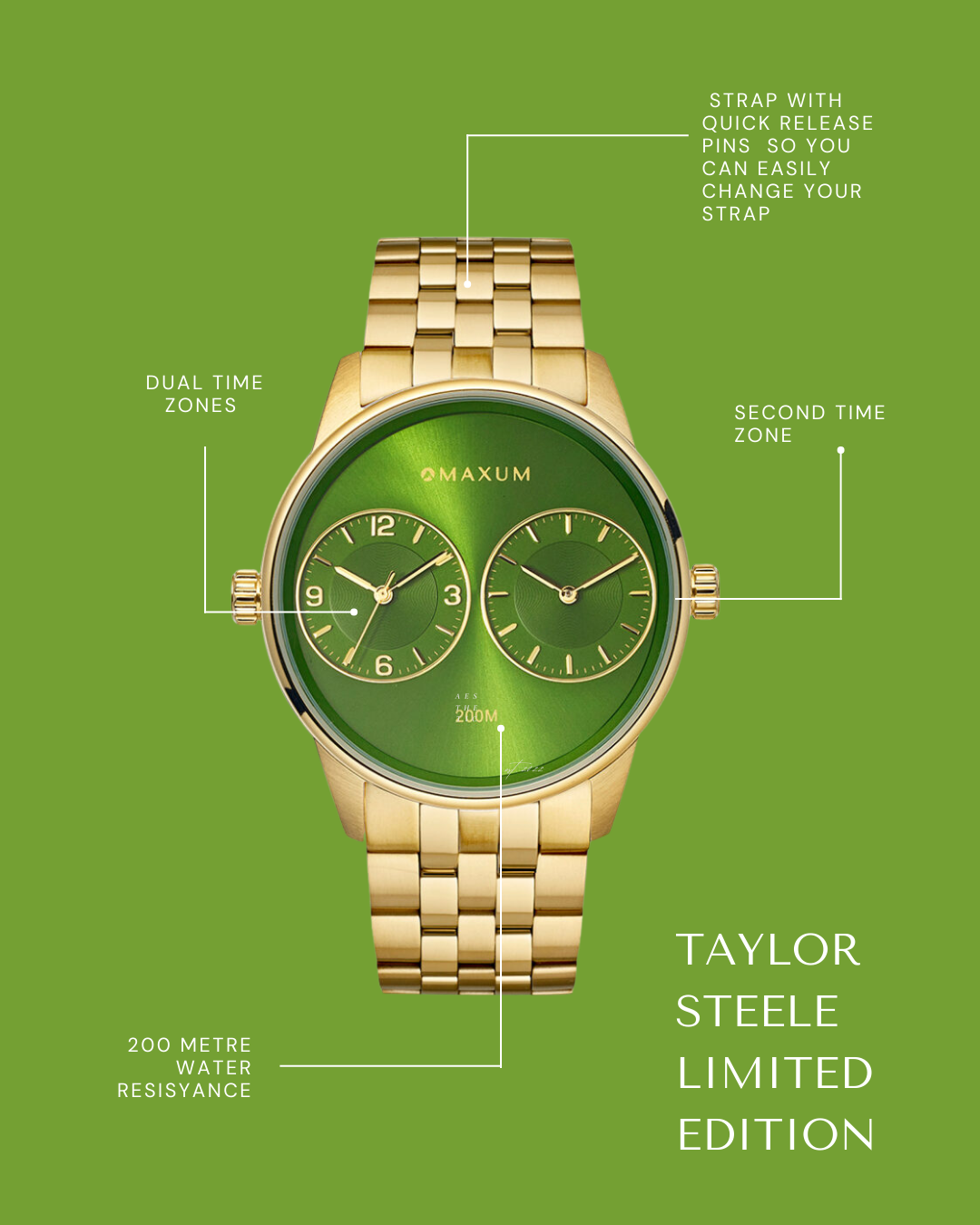 Taylor Steele Analogue Dual Time Zones– Green Dial, Gold Tone Case & Bracelet Watch