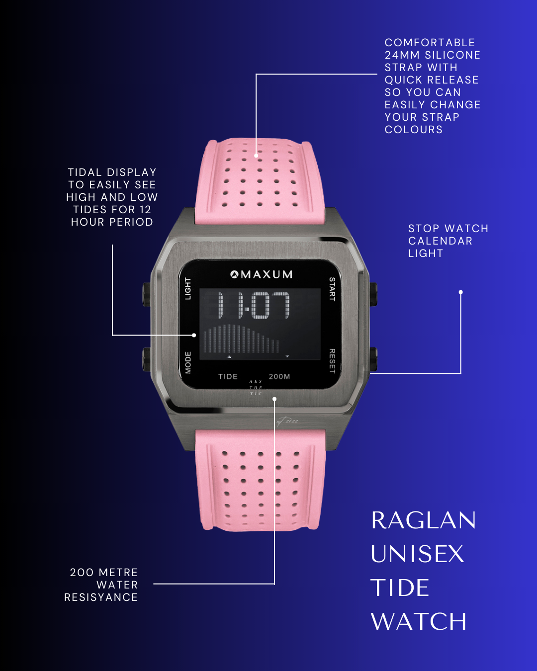 Raglan Digital Square Unisex Tide Watch– Gun Metal Case, Black Dial & Pink Silicone Strap