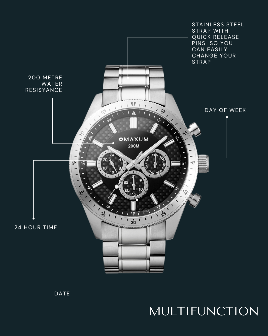 Lansdowne Multifunction Analogue Watch – Black Dial, Silver-Tone Case & Bracelet