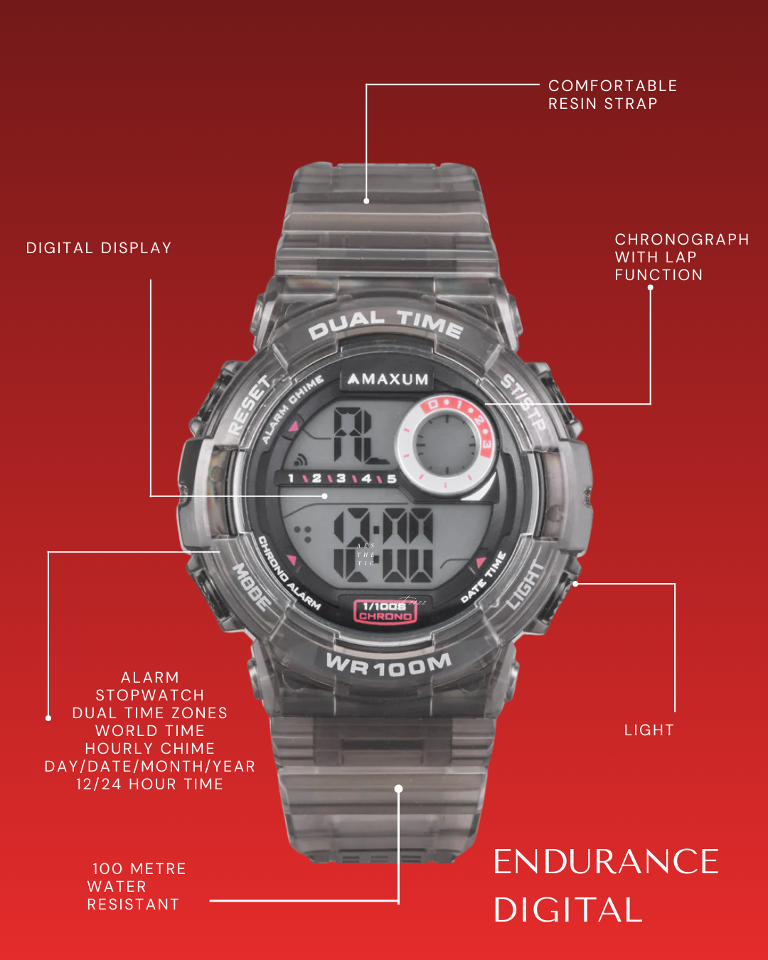 Maxum Endurance digital watch with a black resin strap and a black case, featuring a digital display, alarm, stopwatch, chronograph, and dual time functions with features highlighted on a red background