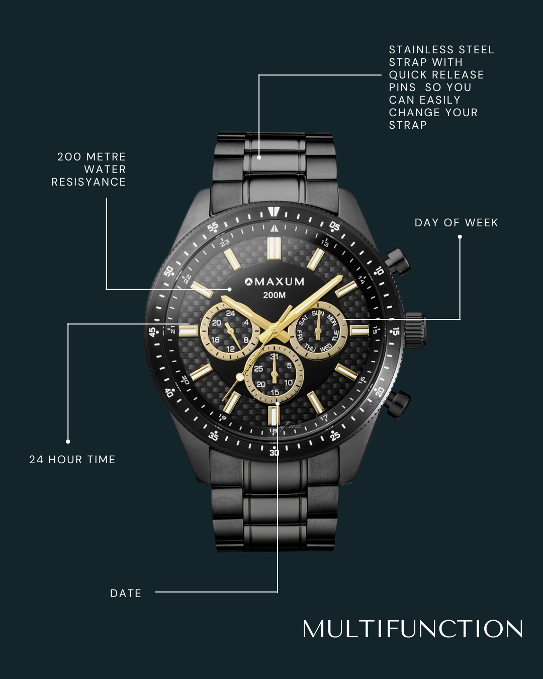 Lansdowne Multifunction Analogue Watch – Black Case, Black Dial & Black Bracelet