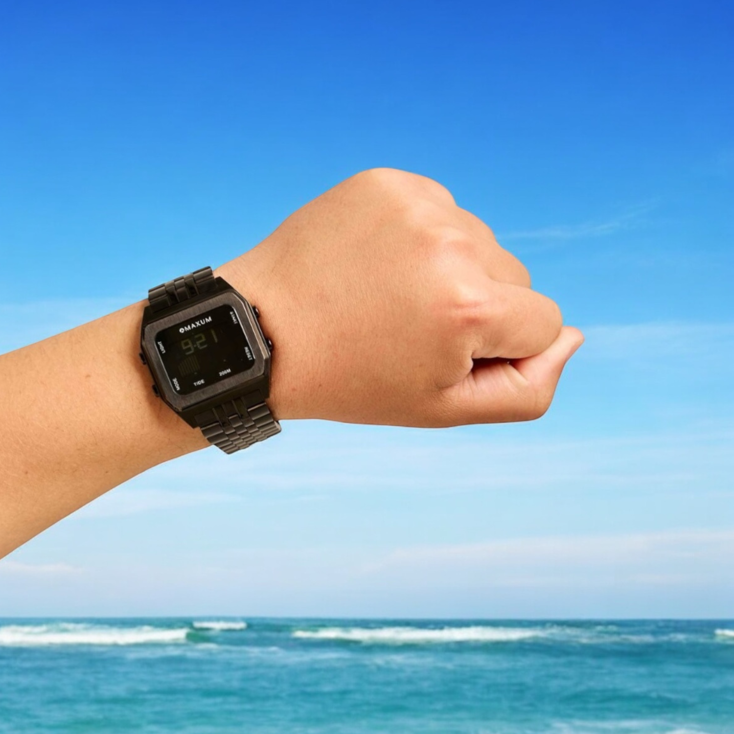 Raglan Digital Square Dial Tide Watch – Black Case, Black Dial & Black Bracelet