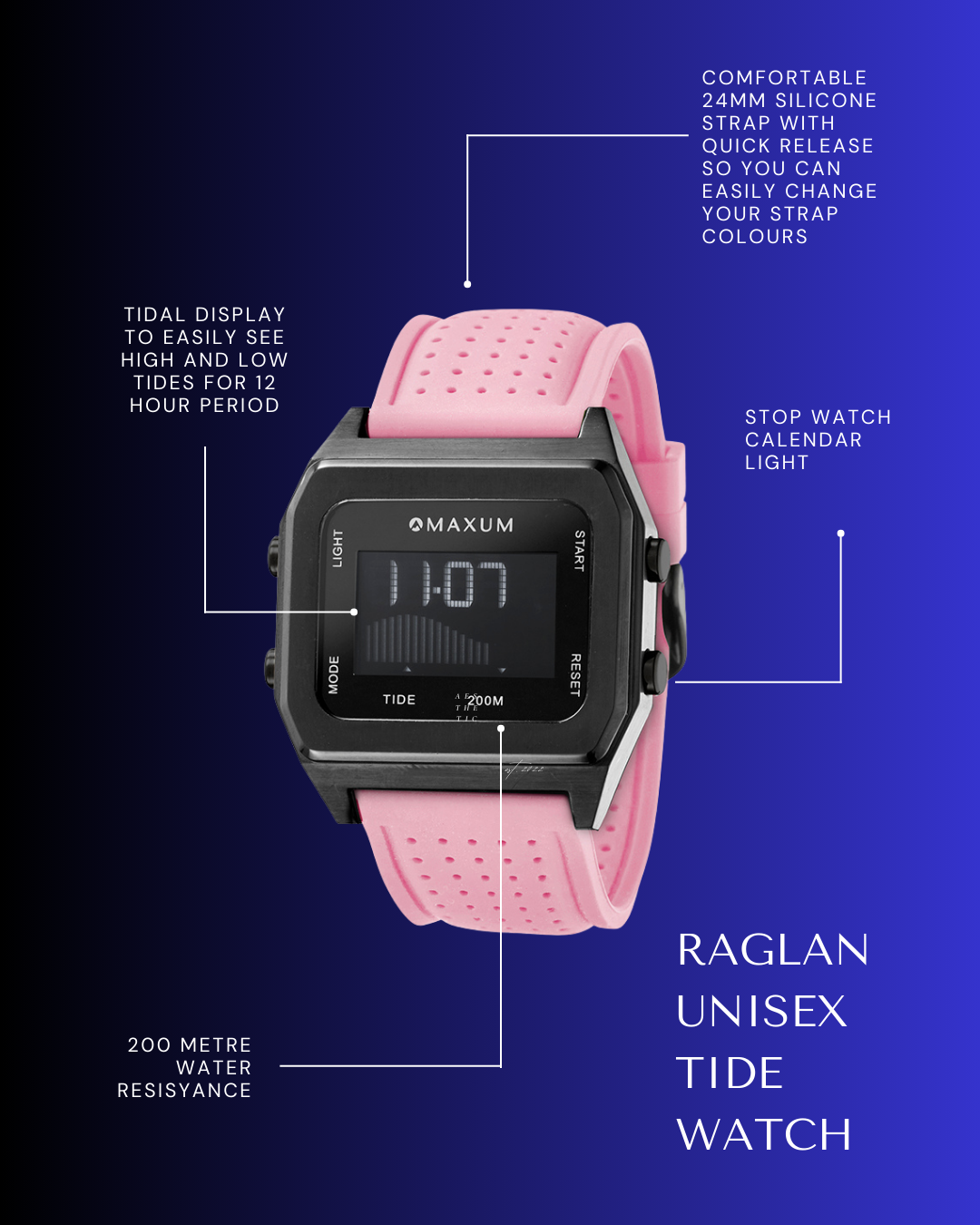 Raglan Digital Square Unisex Tide Watch – Black Case, Black Dial & Pink Silicone Strap