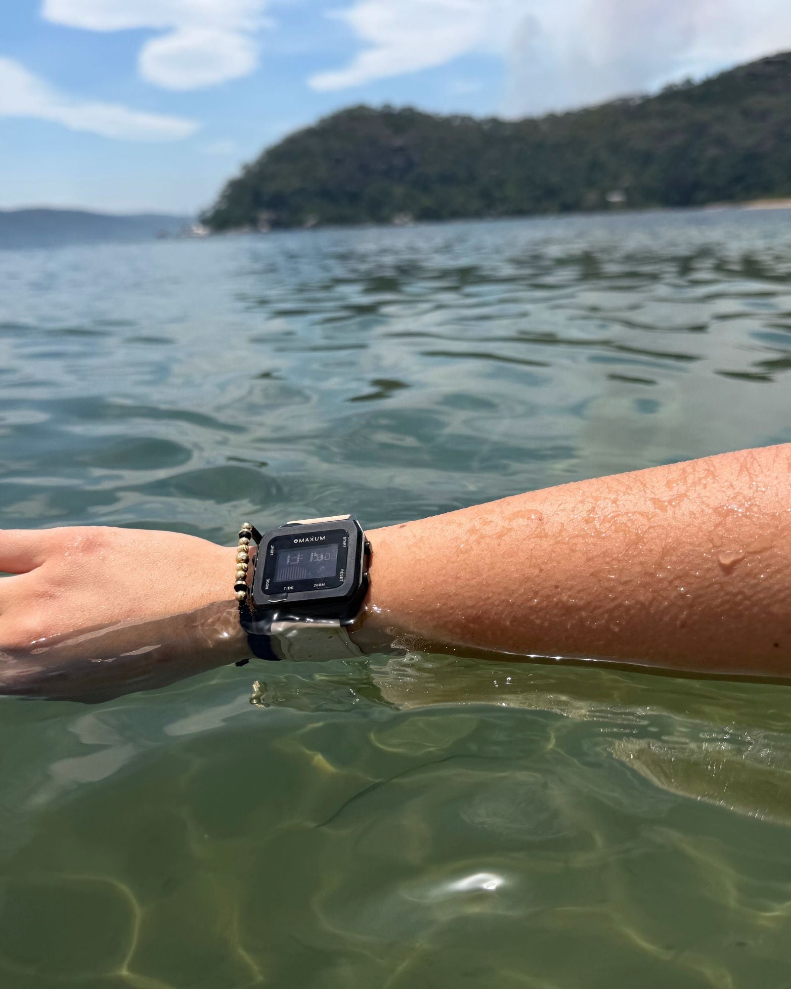 Raglan Digital Square Unisex Tide Watch – Black Case, Black Dial & Beige Silicone Strap