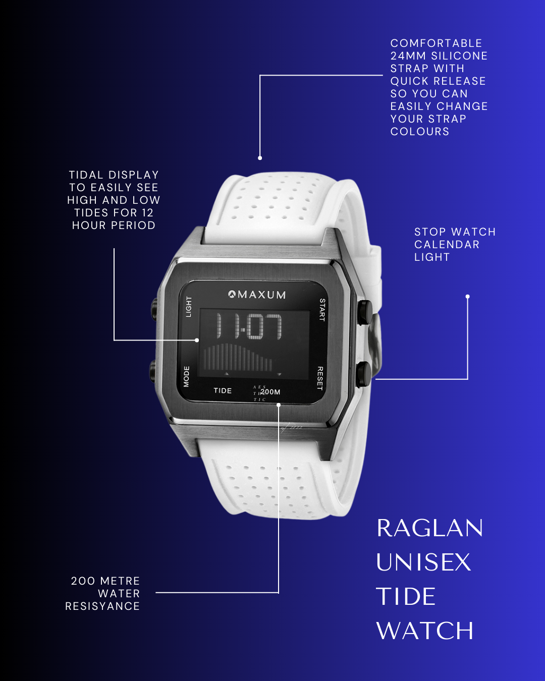 Raglan Digital Square Unisex Tide Watch– Gun Metal Case, Black Dial & White Silicone Strap
