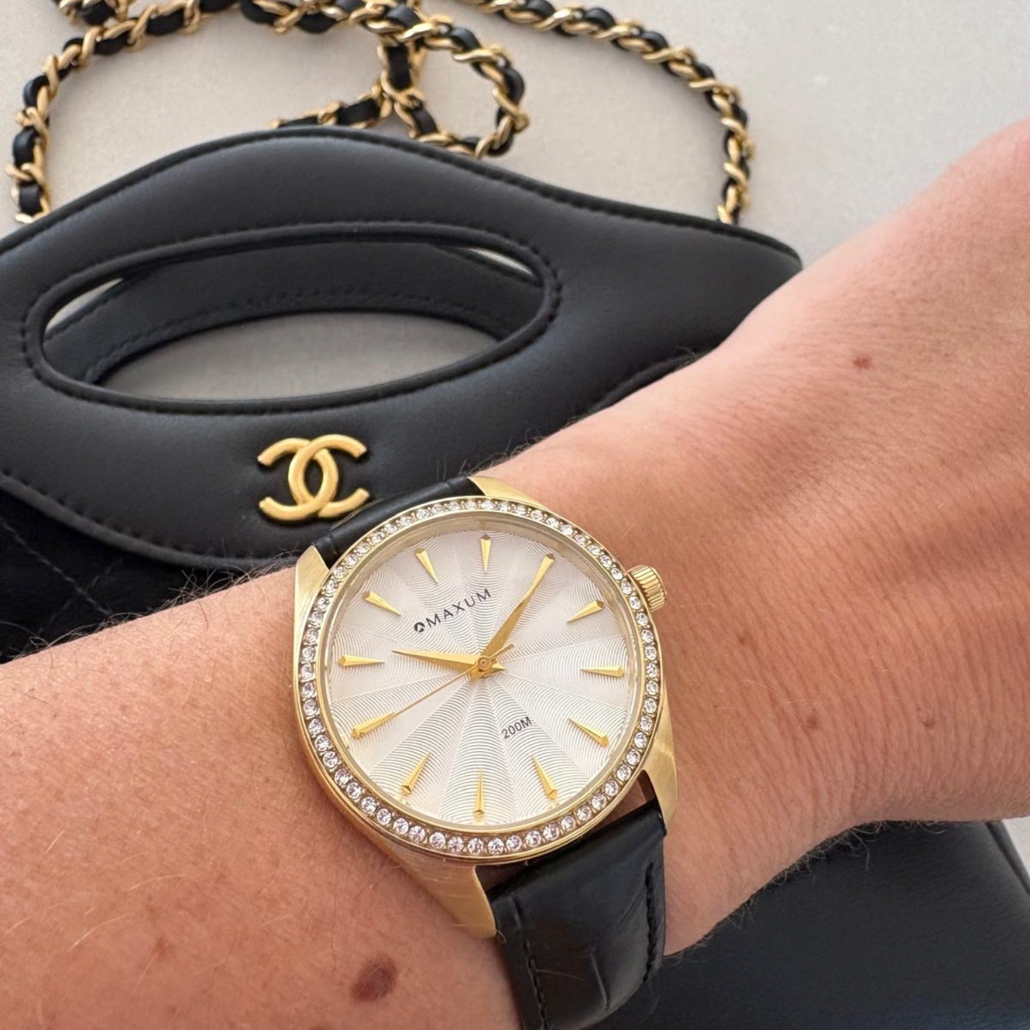 Sydney Crystal-Embellished Analogue Watch –White Dial, Gold Tone Case & Black Leather Band