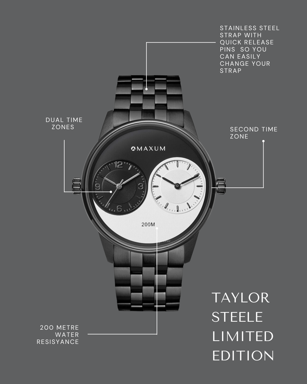 Taylor Steele Analogue Dual Time Zones – Yinyang Dial, Black Case & Black Bracelet Watch