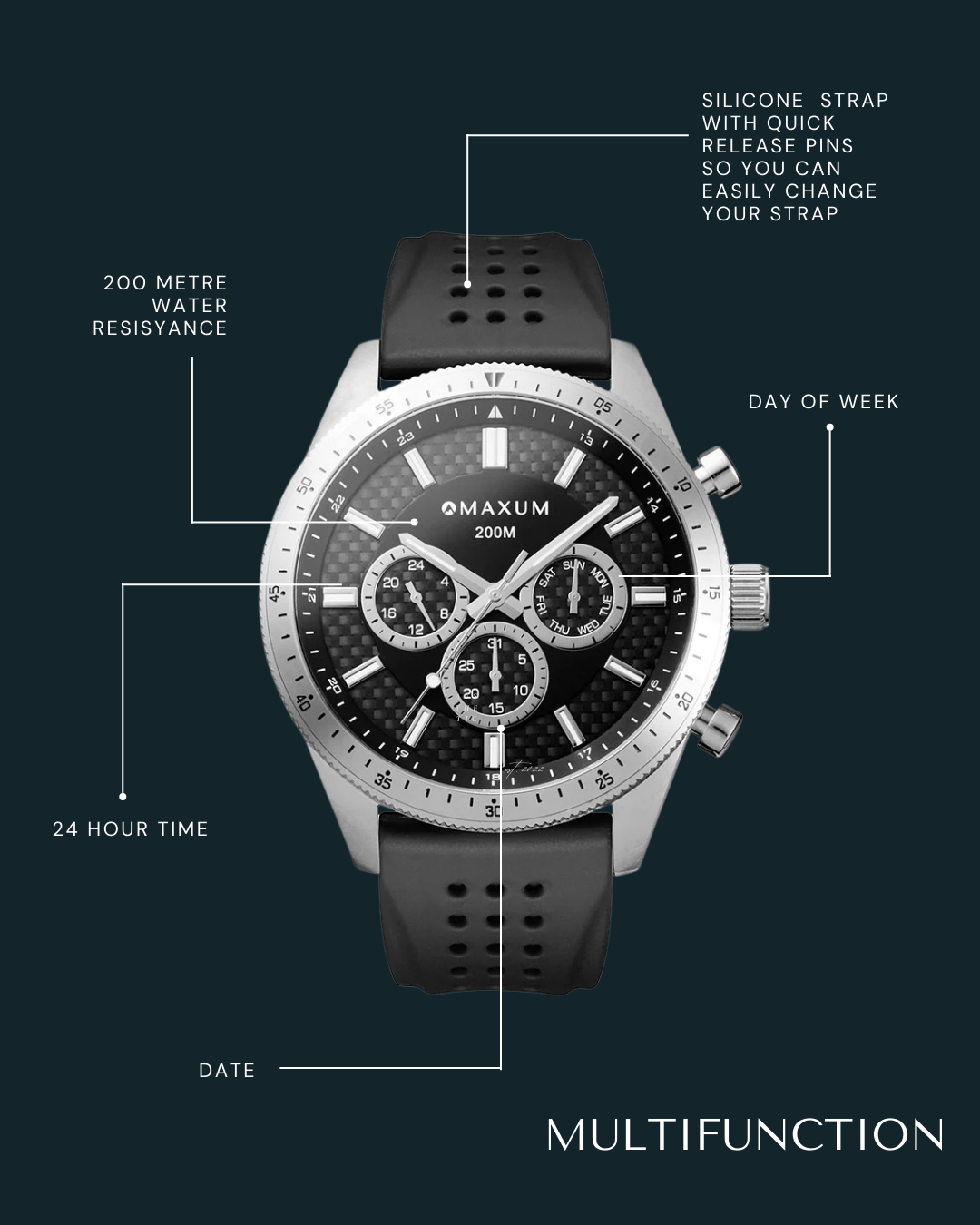 Lansdowne Multifunction Analogue Watch – Silver-Tone Case, Black Dial & Black Silicone Strap