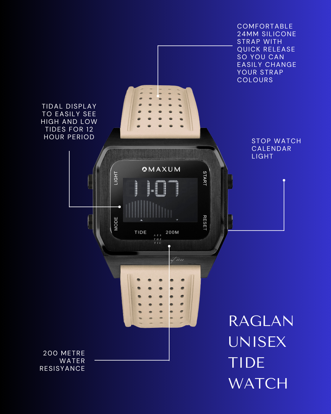 Raglan Digital Tide Watch Set – Black Case, Black & Beige Silicone Strap