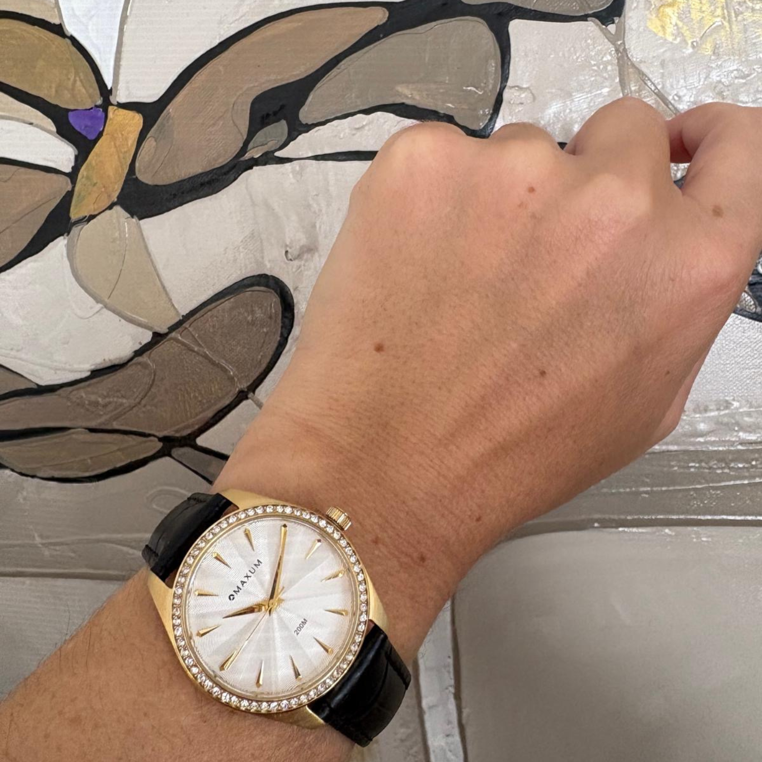 Sydney Crystal-Embellished Analogue Watch –White Dial, Gold Tone Case & Black Leather Band