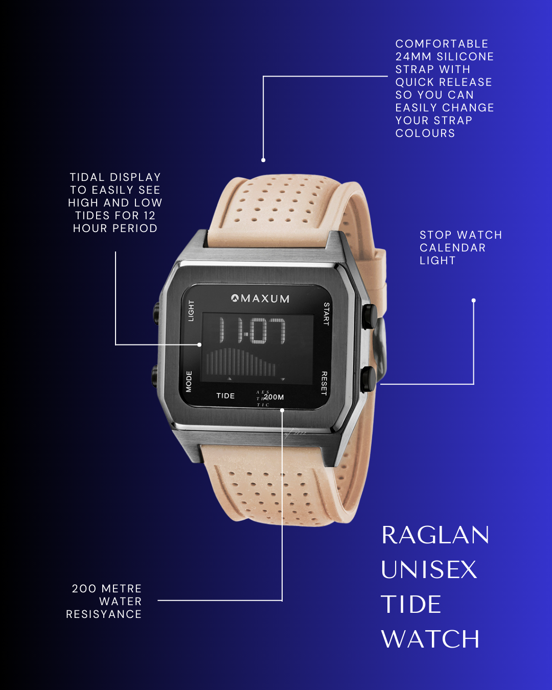 Raglan Digital Square Unisex Tide Watch– Gun Metal Case, Black Dial & Beige Silicone Strap