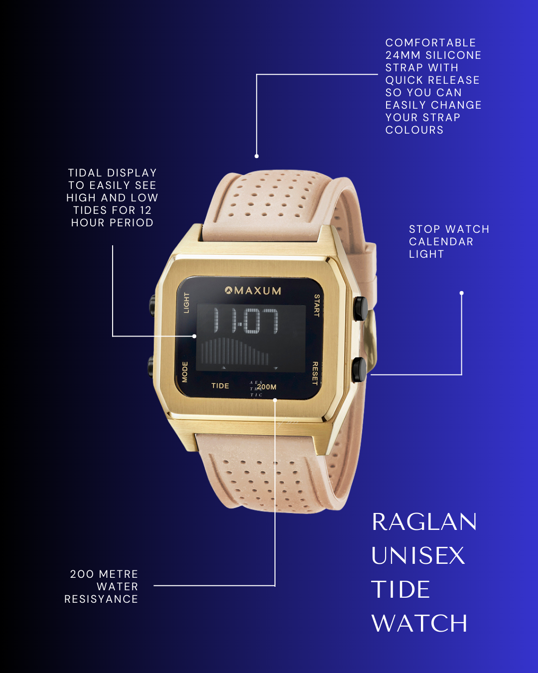 Raglan Digital Square Unisex Tide Watch– Gold Case, Black Dial & Beige Silicone Strap