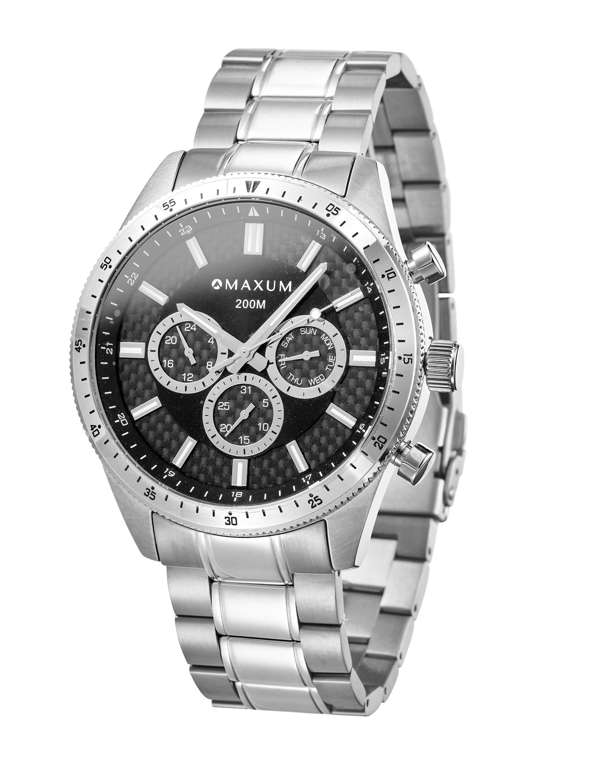 A silver stainless steel men's watch with a black dial, featuring three sub-dials, a rotating bezel, and a silver link bracelet, shown on a plain white background.