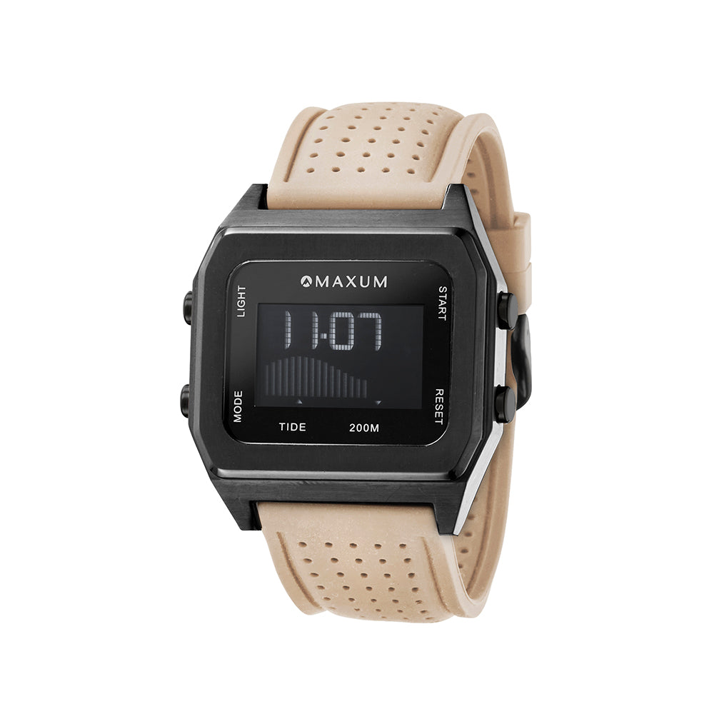 Raglan Digital Square Unisex Tide Watch – Black Case, Black Dial & Beige Silicone Strap