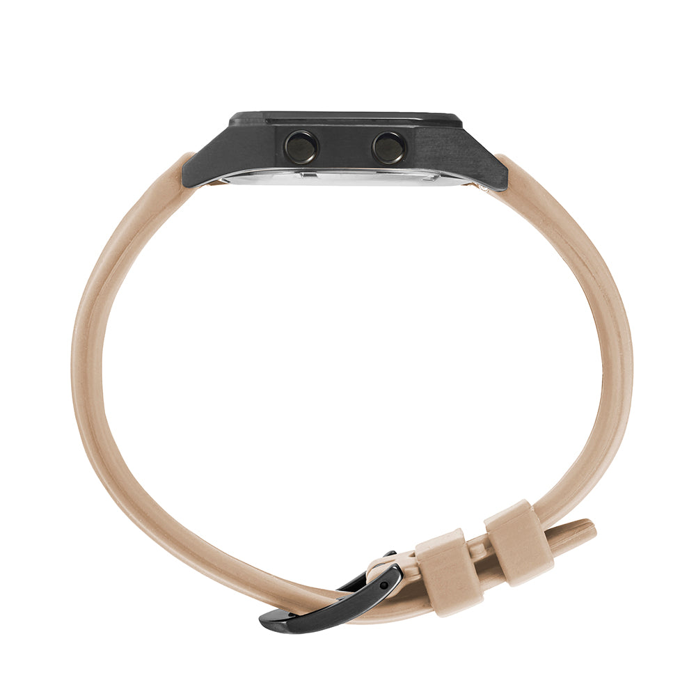 Raglan Digital Square Unisex Tide Watch – Black Case, Black Dial & Beige Silicone Strap