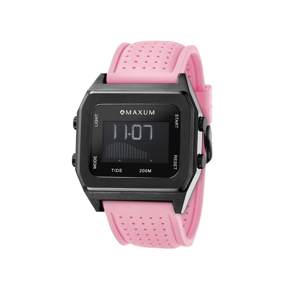 Raglan Digital Square Unisex Tide Watch – Black Case, Black Dial & Pink Silicone Strap