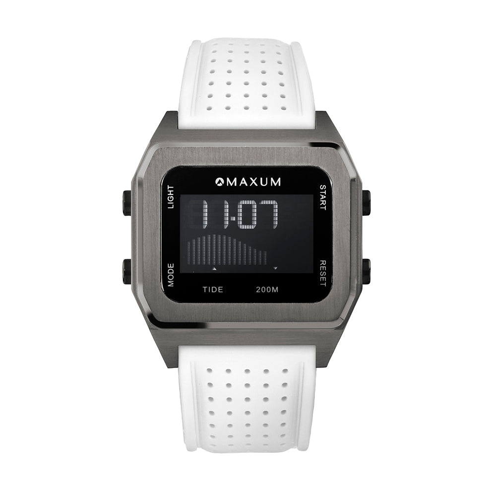 Raglan Digital Square Unisex Tide Watch– Gun Metal Case, Black Dial & White Silicone Strap