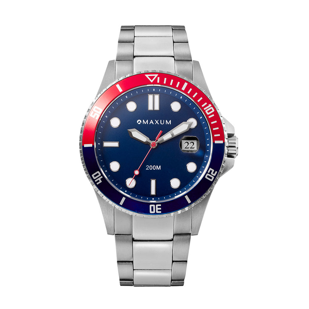 Maxum Prince silver-tone stainless steel bracelet watch with a blue dial, red and blue bezel, and a deployment clasp.