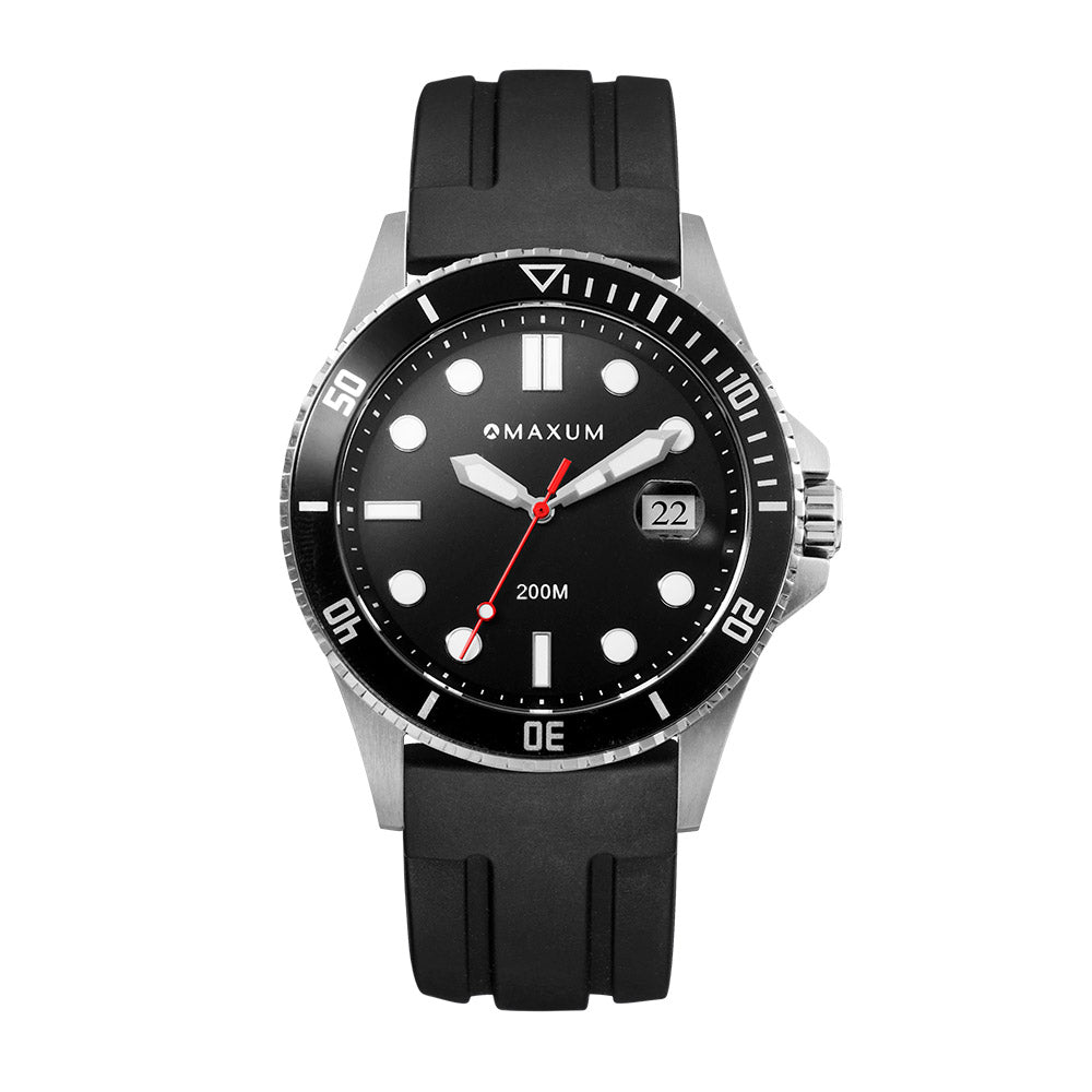 Maxum silver-tone Prince watch with a black dial and black silicone strap, displayed against a white background.