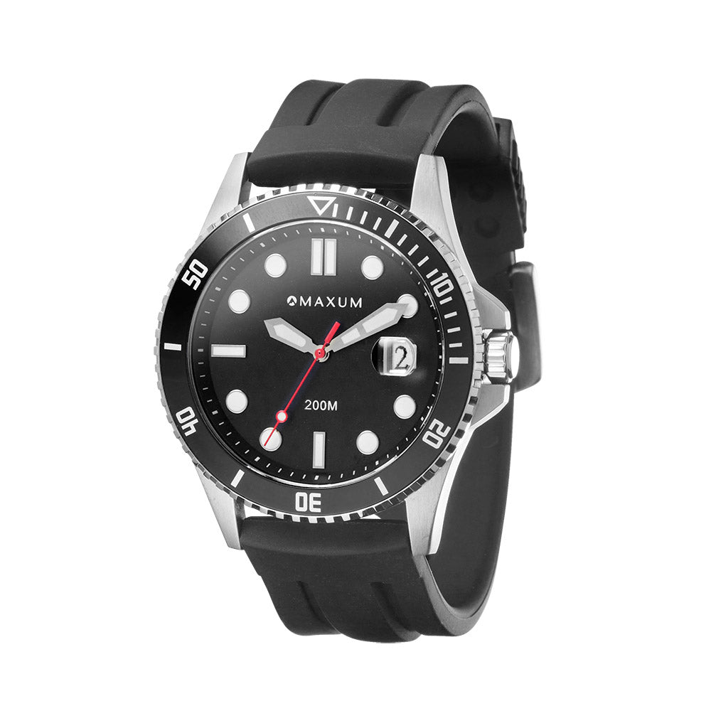 Maxum silver-tone Prince Analogue Date Watch with a black dial and black silicone strap, displaying a date feature and a red second hand.