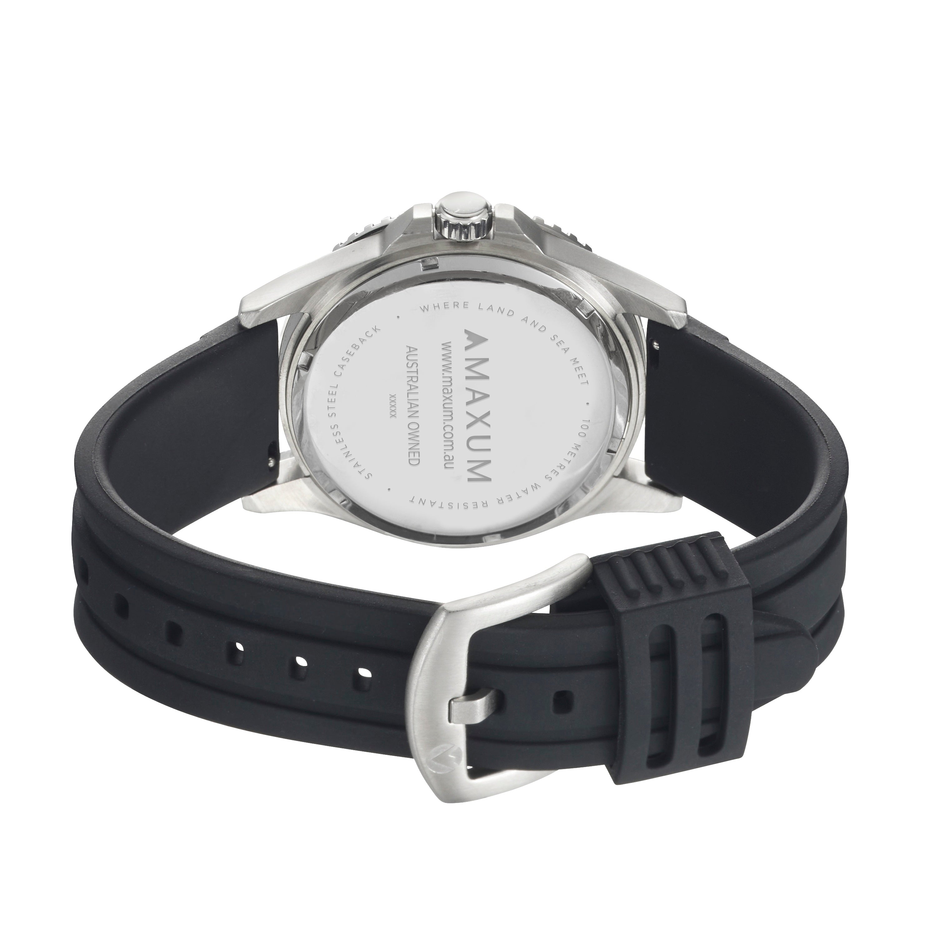 Maxum Prince silver-tone casing watch with a black dial and black silicone strap, indicating 200m water resistance and featuring a date display. Back view