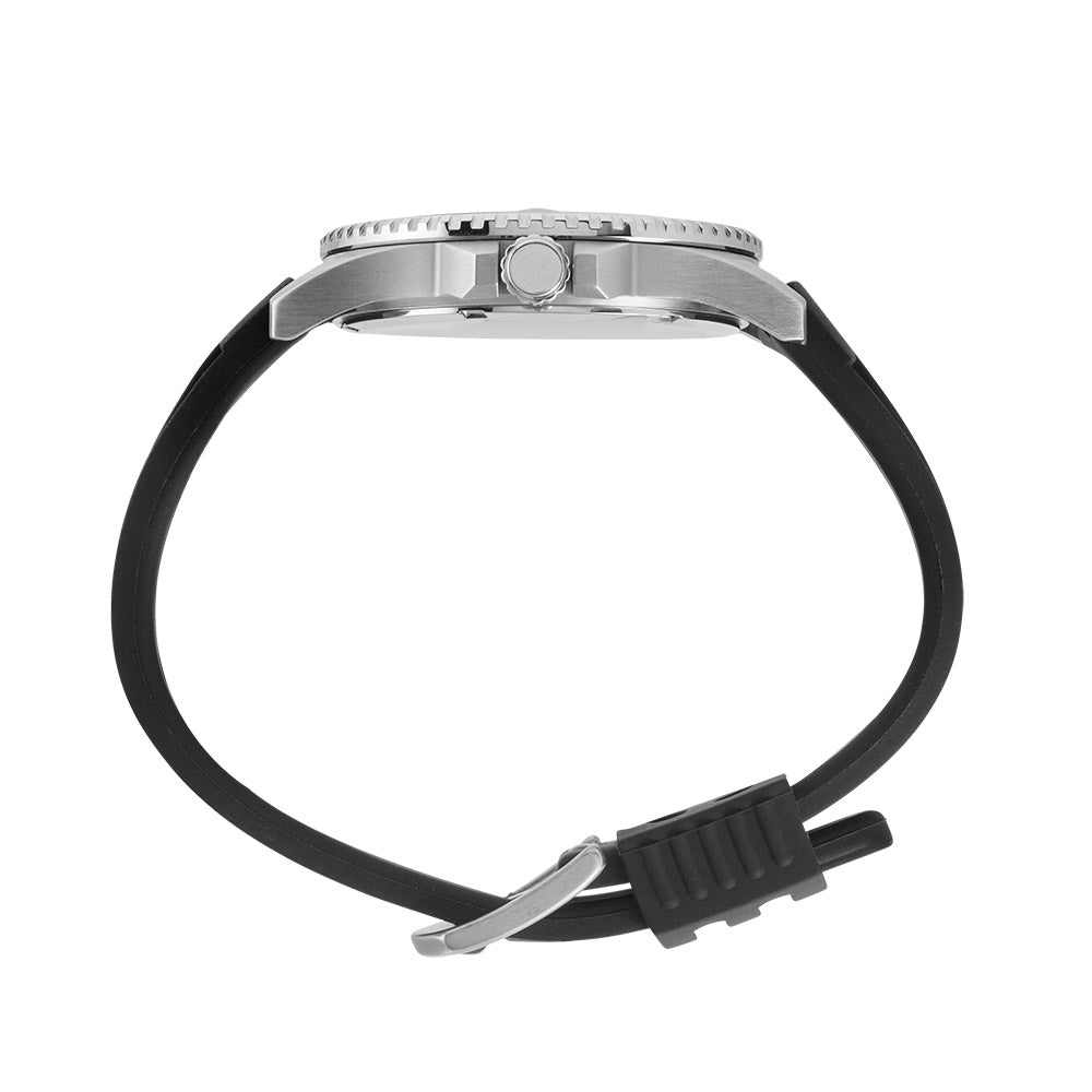 Maxum Prince silver-tone casing watch with a black dial and black silicone strap, indicating 200m water resistance and featuring a date display. Side View