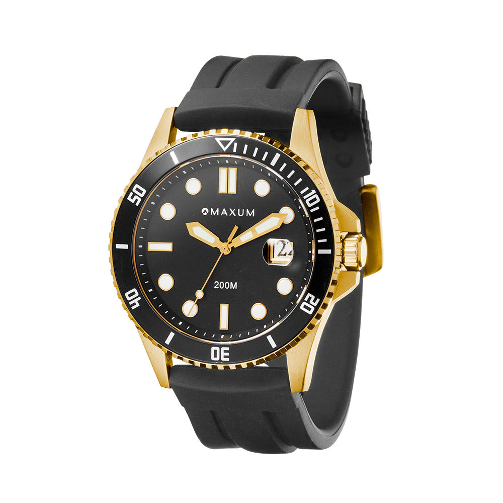 Prince Analogue Date Watch – Gold Case, Black Dial & Black Silicone Strap