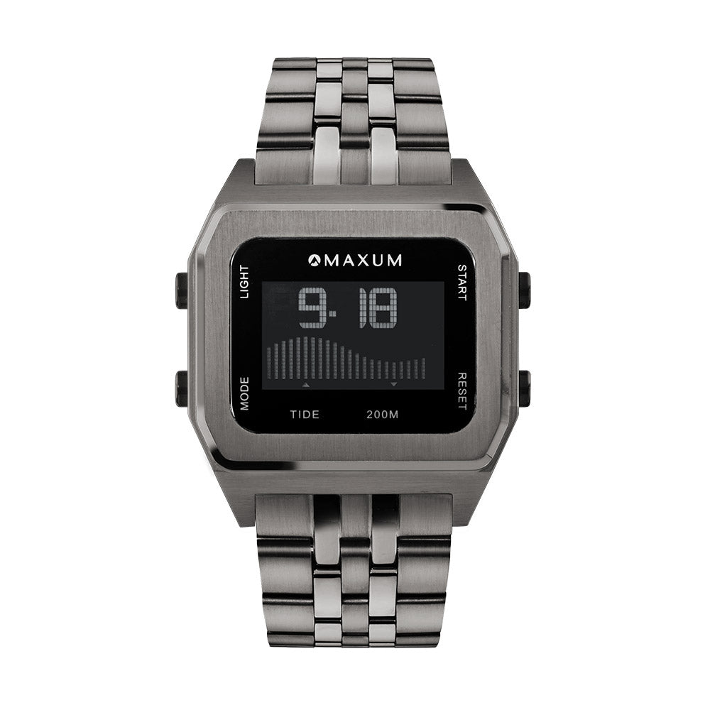 Raglan Digital Square Unisex Tide Watch– Gun Metal Case, Black Dial & Gun Metal Bracelet