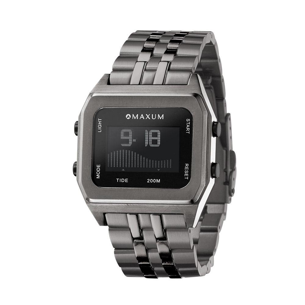 Raglan Digital Square Unisex Tide Watch– Gun Metal Case, Black Dial & Gun Metal Bracelet