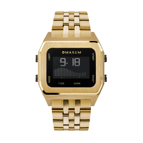 Raglan Digital Square Unisex Tide Watch– Gold Case, Black Dial & Gold Bracelet