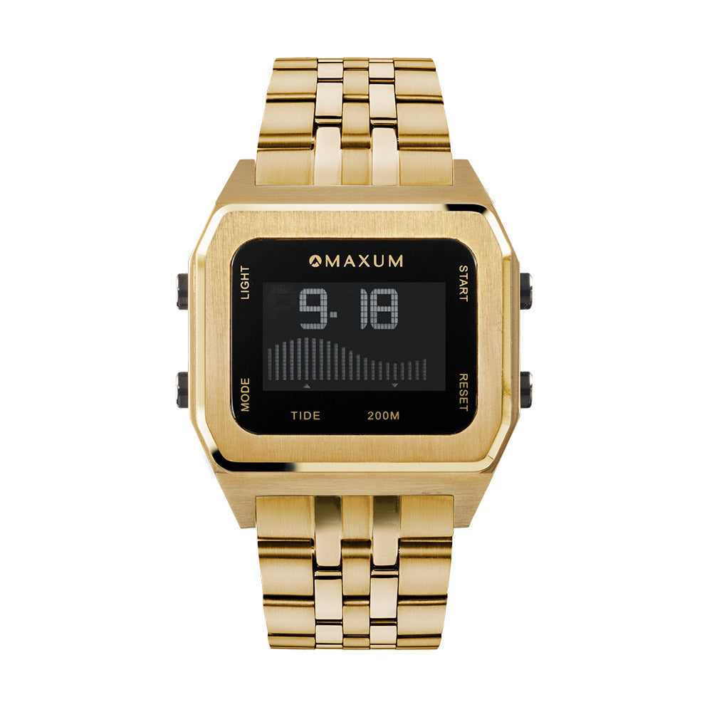Raglan Digital Square Unisex Tide Watch– Gold Case, Black Dial & Gold Bracelet