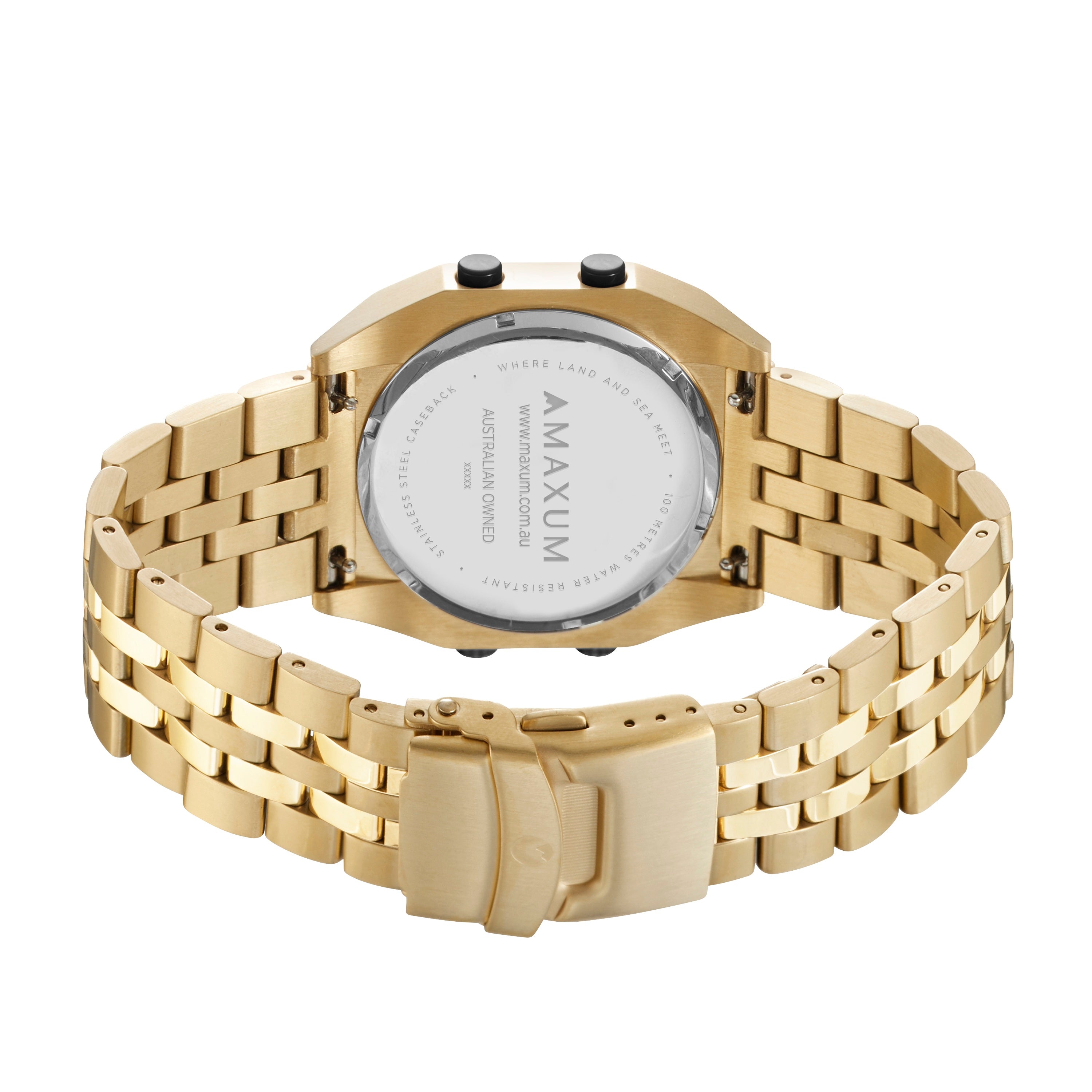 Raglan Digital Square Unisex Tide Watch– Gold Case, Black Dial & Gold Bracelet