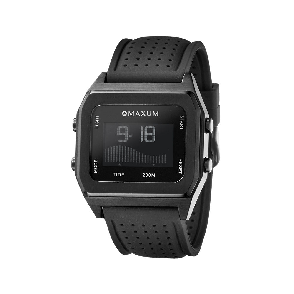 Raglan Digital Square Unisex Tide Watch – Black Case, Black Dial & Black Silicone Strap