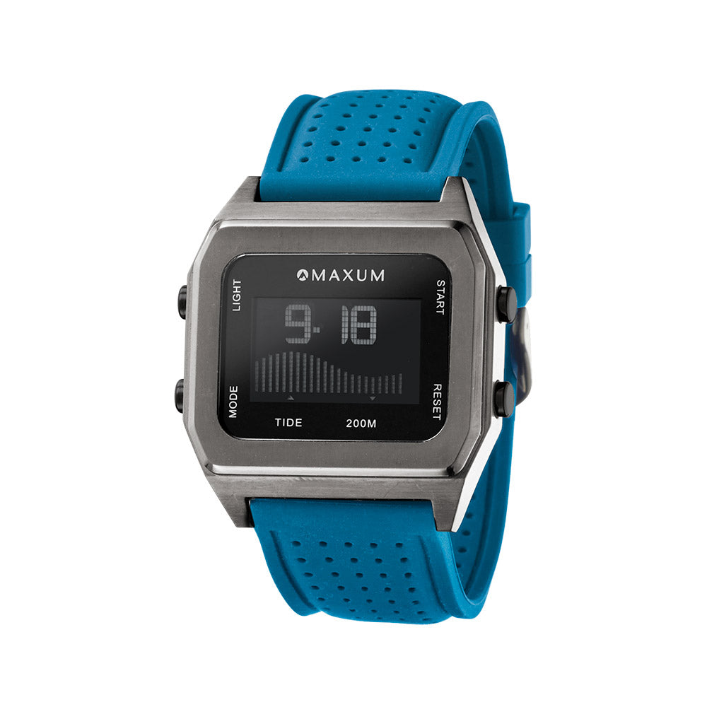 Raglan Digital Square Unisex Tide Watch– Gun Metal Case, Black Dial & Blue Silicone Strap