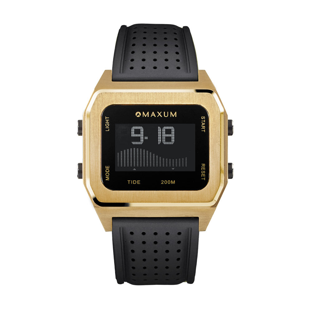 Raglan Gold Tide Watch with a black dial and a black silicone strap. The watch has a square case with a digital display showing the time and tide features.
