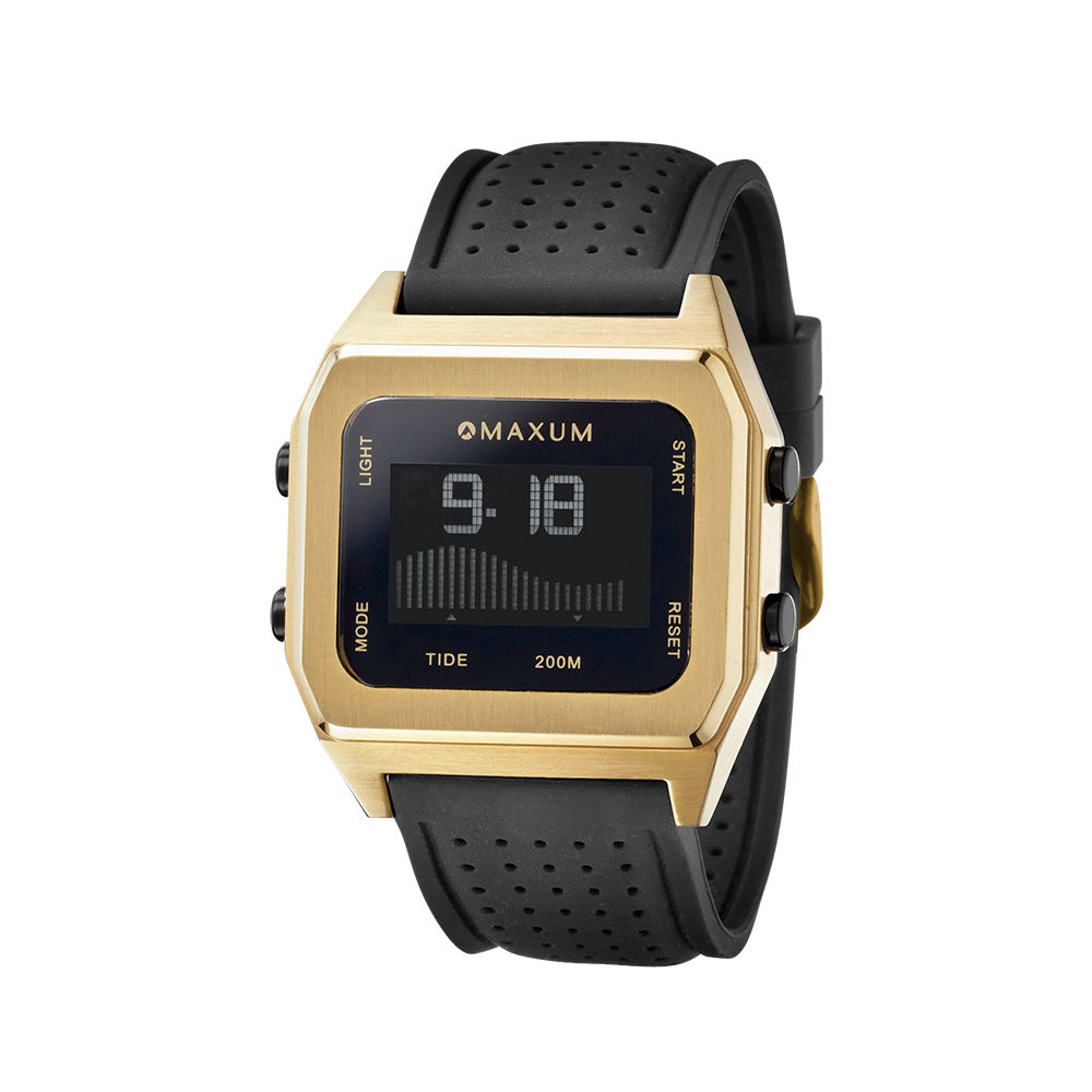 Raglan Digital Square Unisex Tide Watch– Gold Case, Black Dial & Black Silicone Strap