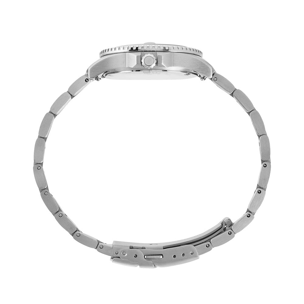 Maxum Liberty white dial watch with a silver-tone case and bracelet, featuring analog display and date function. Side view