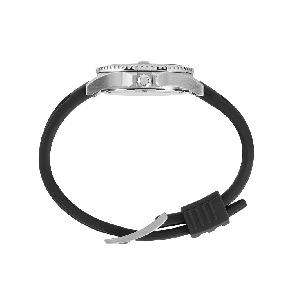 Maxum Liberty silver-tone casing watch with a black dial and black silicone strap, showing time and date. Side view