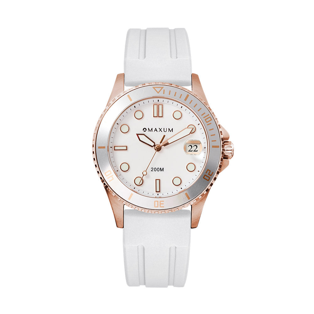 Liberty Ladies Analogue Date Watch – Rose Gold Case, White Dial & White Silicone Strap