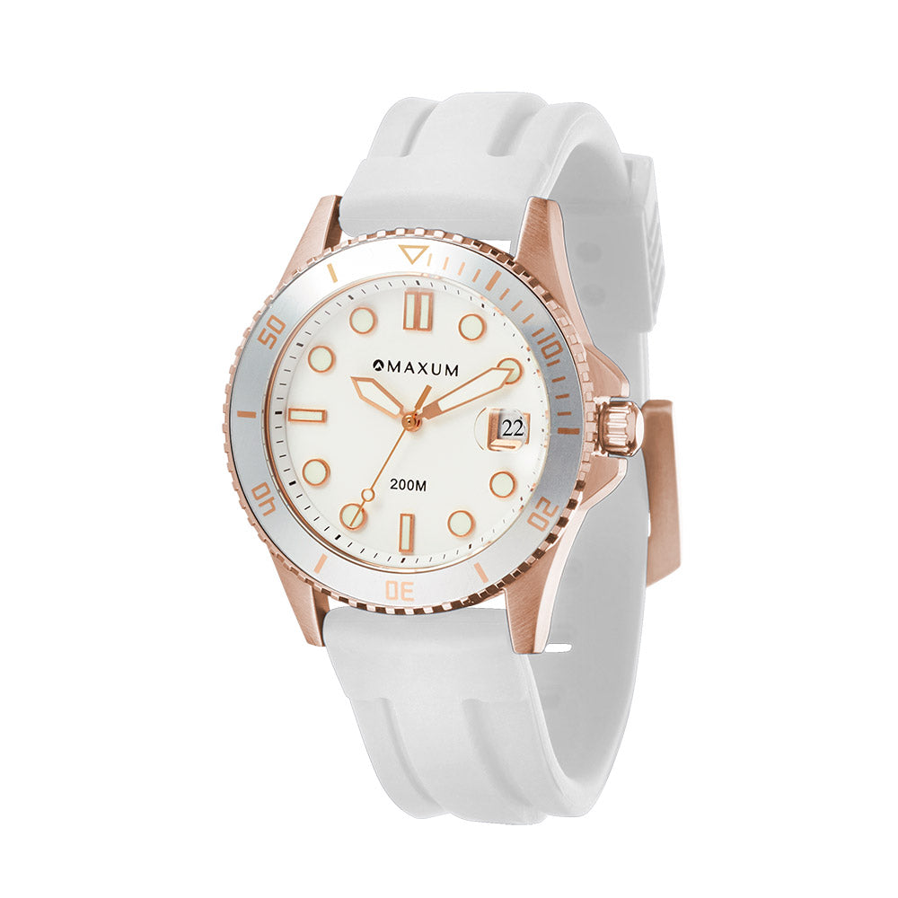 Liberty Ladies Analogue Date Watch – Rose Gold Case, White Dial & White Silicone Strap