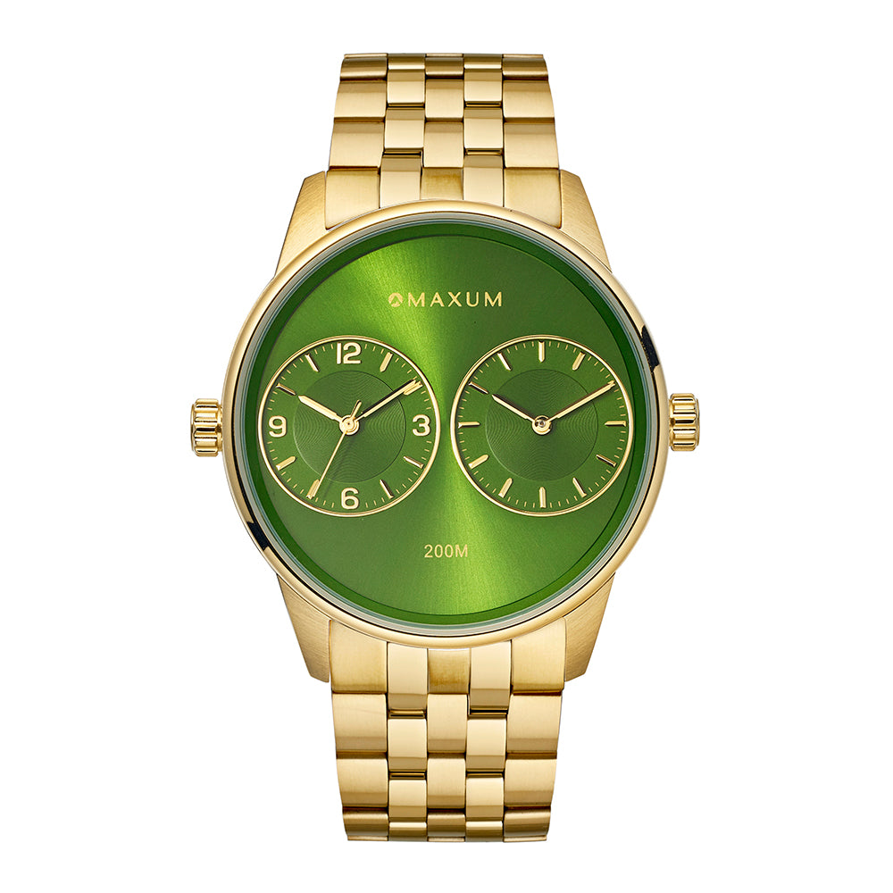 Maxum x Taylor Steele Collab gold-tone watch with a green dial and a stainless steel bracelet.