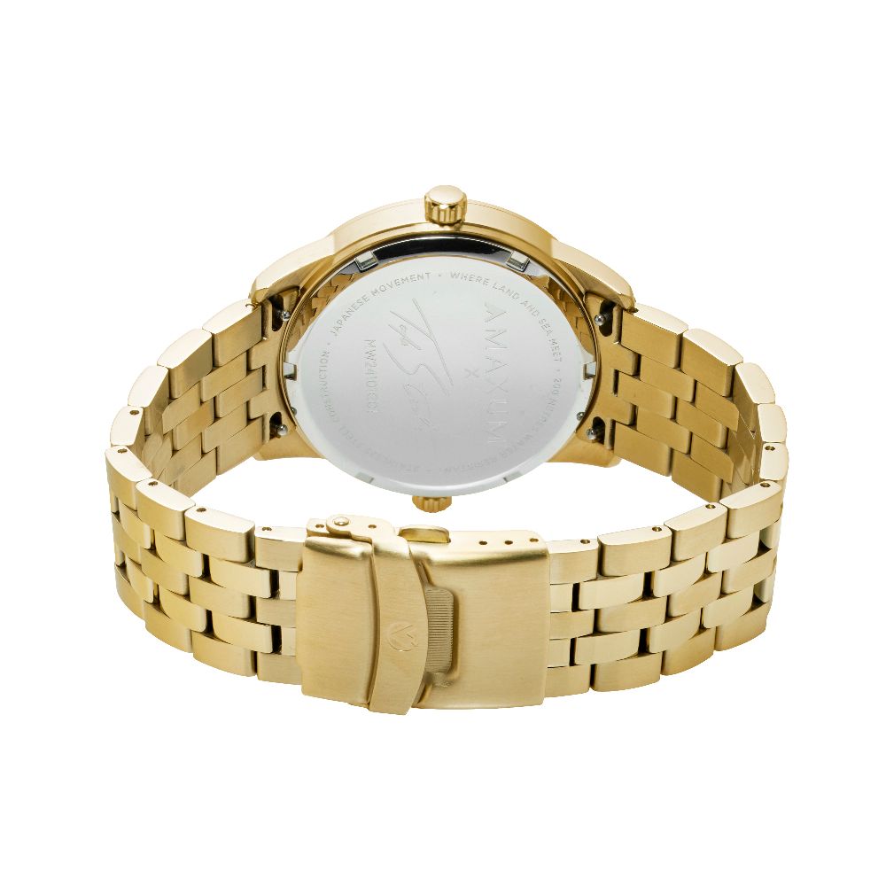 Maxum x Taylor Steele Collab gold-tone watch with a green dial and a stainless steel bracelet. Back view