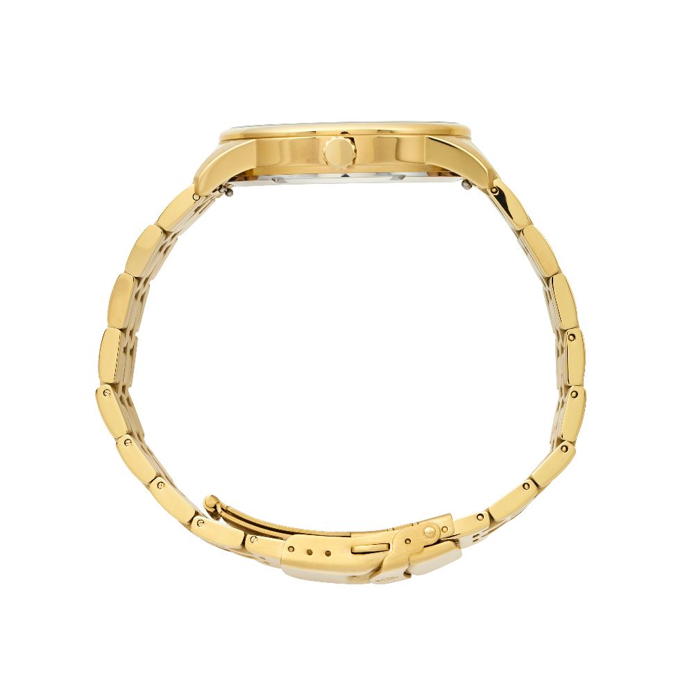 Maxum x Taylor Steele Collab gold-tone watch with a green dial and a stainless steel bracelet. Side view