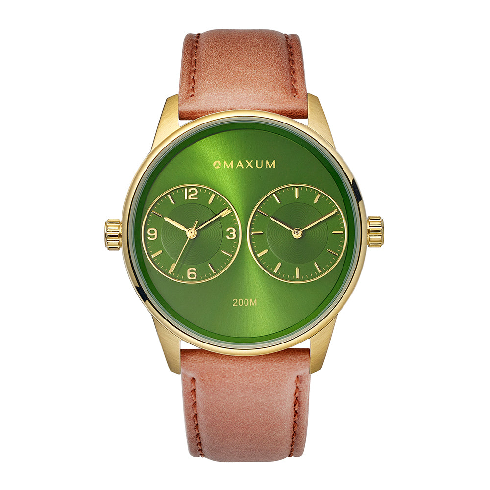Maxum x Taylor Steele – Green Dial, Gold Tone Case & Brown Leather Band Watch