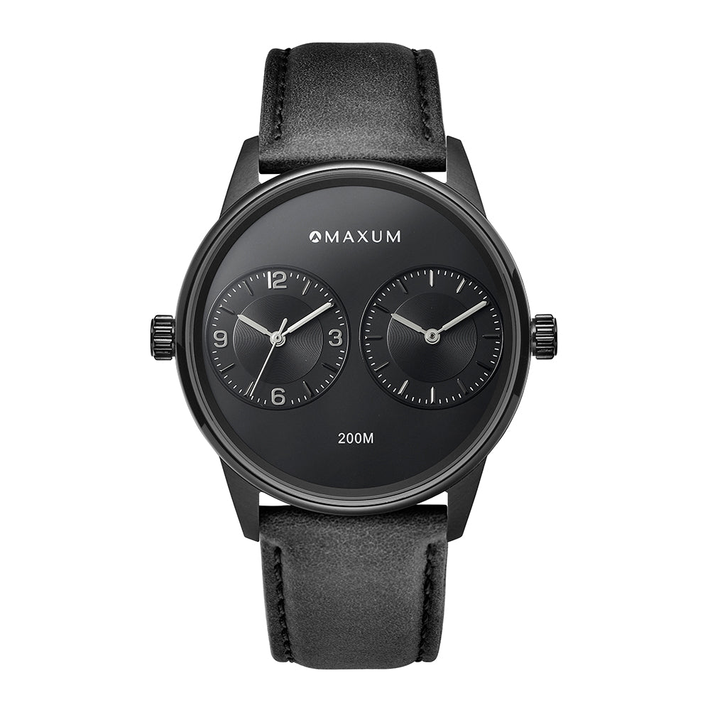 Maxum x Taylor Steele collab- black analog watch with a black dial, black case, and black leather band, branded with 'MAXUM' on the top and indicating '200M' water resistance.
