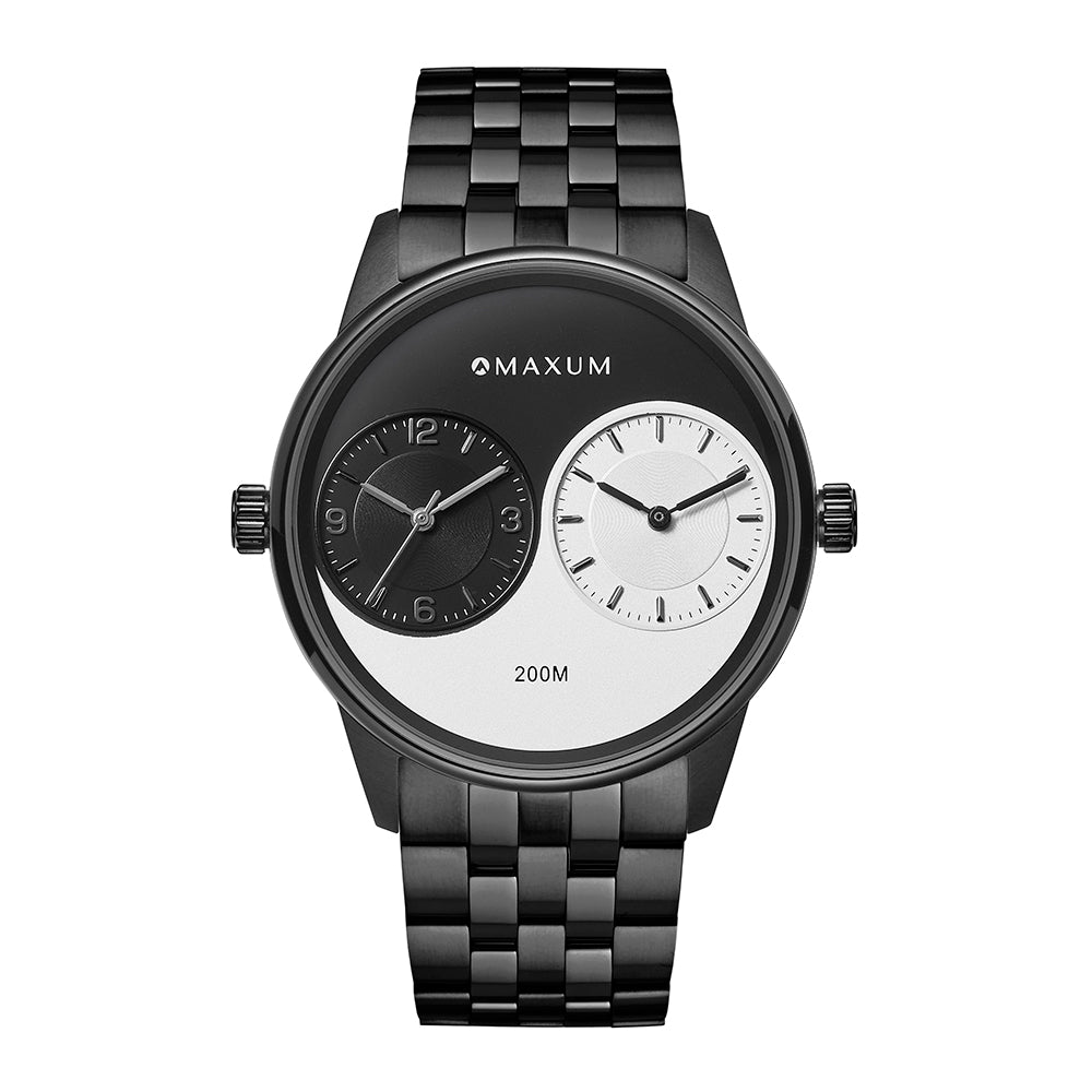 Maxum x Taylor Steele Collab analogue watch with a black stainless steel bracelet, black case, and a matte black dial featuring ying yang design and a dual timekeeping system.