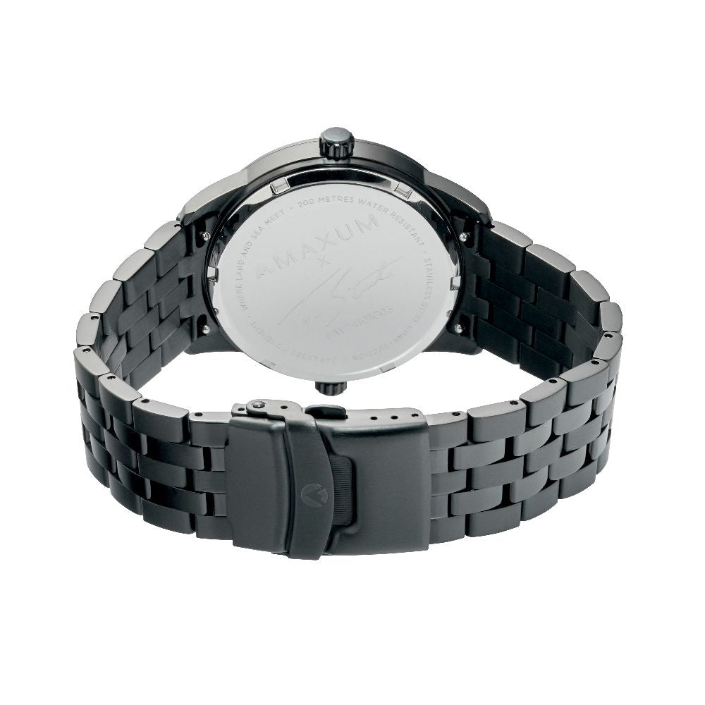 Maxum x Taylor Steele Collab analogue watch with a black stainless steel bracelet, black case, and a matte black dial featuring ying yang design and a dual timekeeping system. Back view